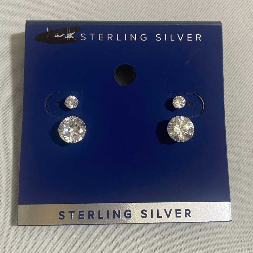 Set of 2--BELK 925 Sterling Silver Earrings w Round Cut CZ Solitaire Studs